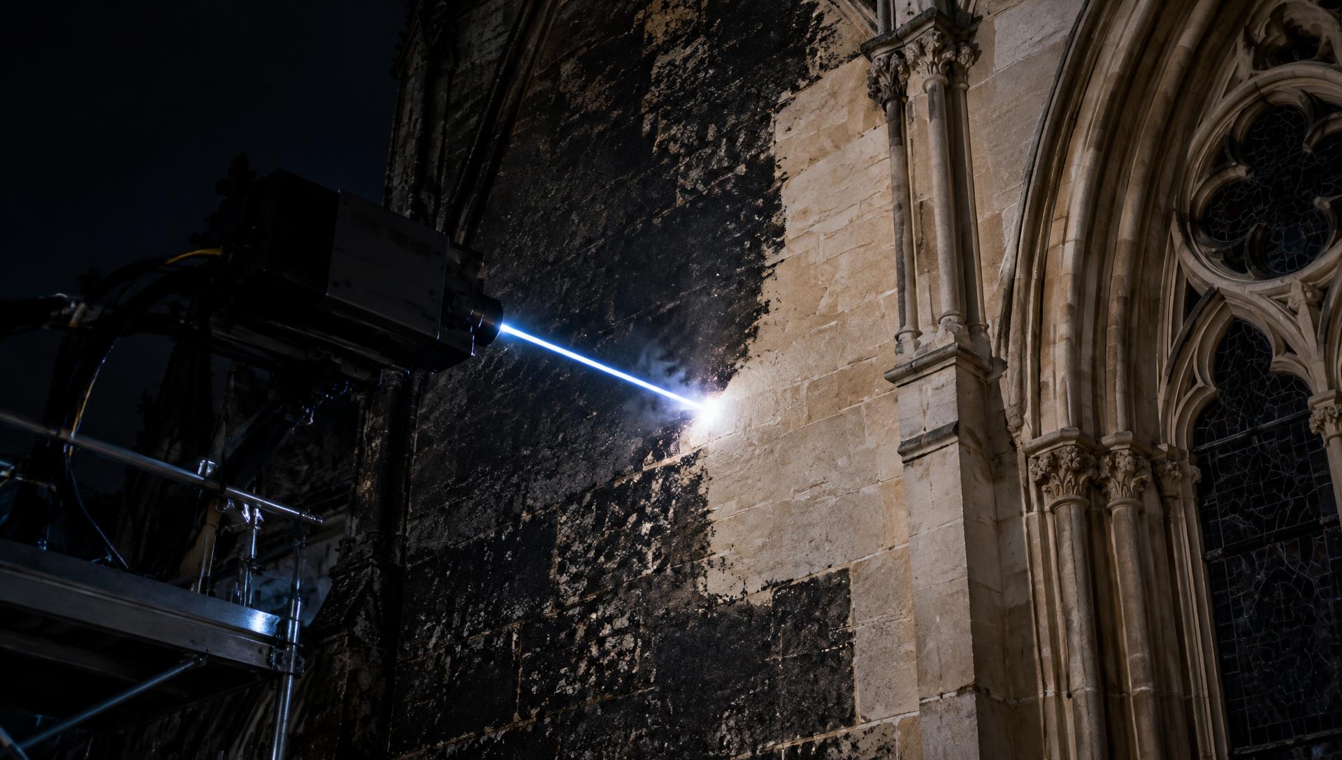 Laserstrahl reinigt eine geschwärzte Sandsteinfassade einer Kirche