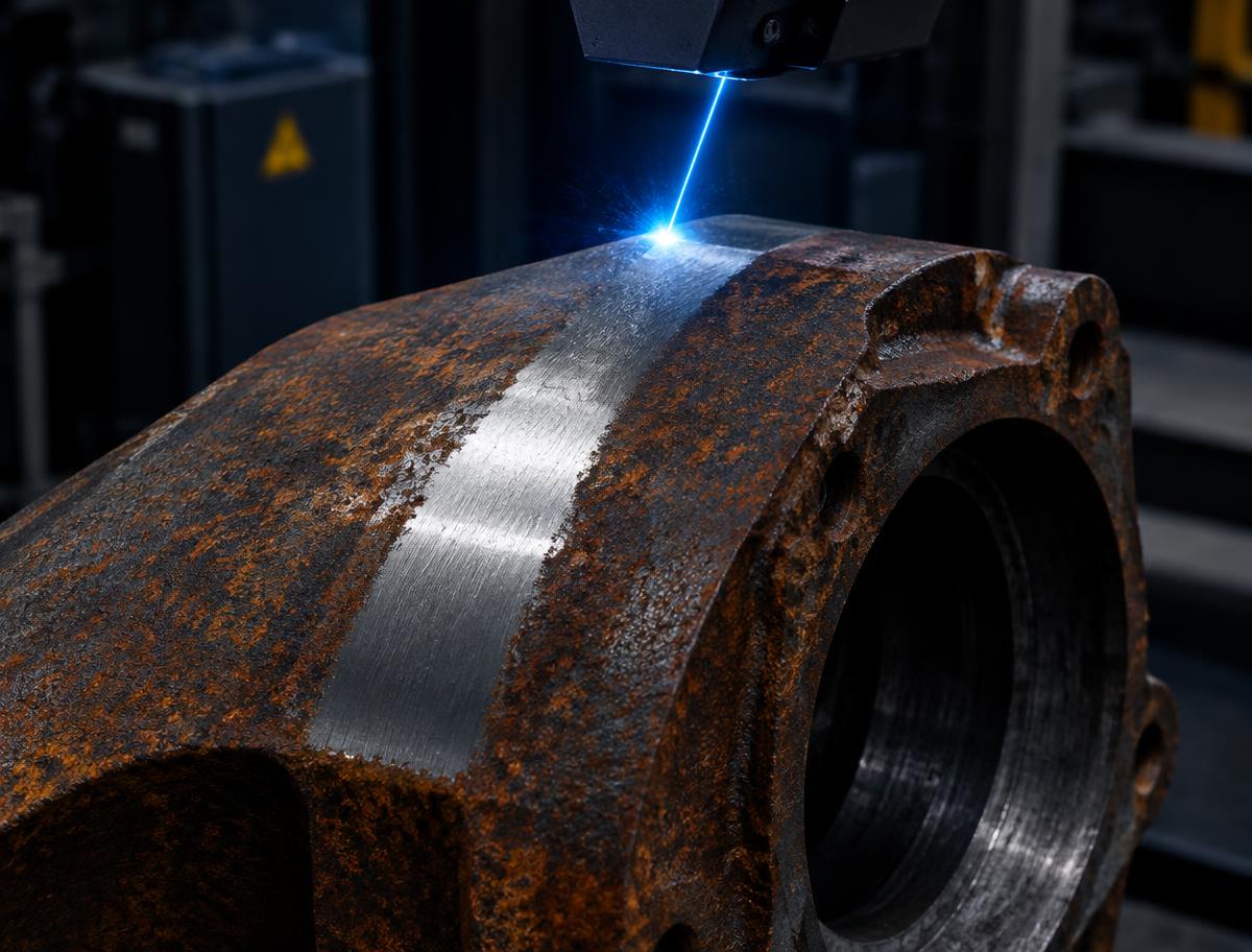 Laser legt blankes Metall auf rostigem Bauteil frei